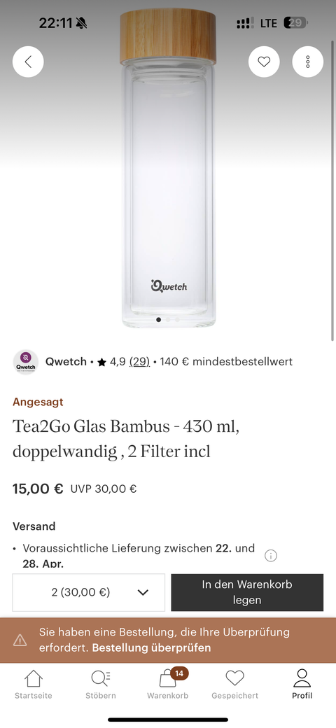 Qwetch Tea2go Glas Bambus 430ml